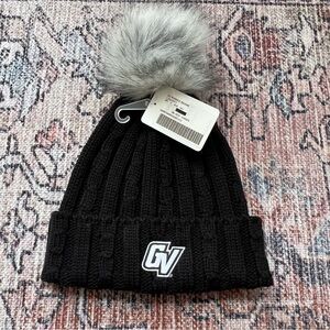 GV Grand Valley State University NWT Ribbed Black Knit Beanie Hat Fur Pom GVSU